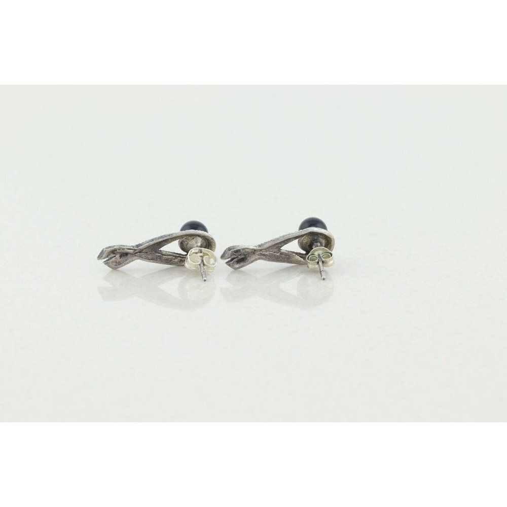 Sterling Silver Marcasite Ribbon Earrings with Black Bead Stud Post - Picture 9 of 9